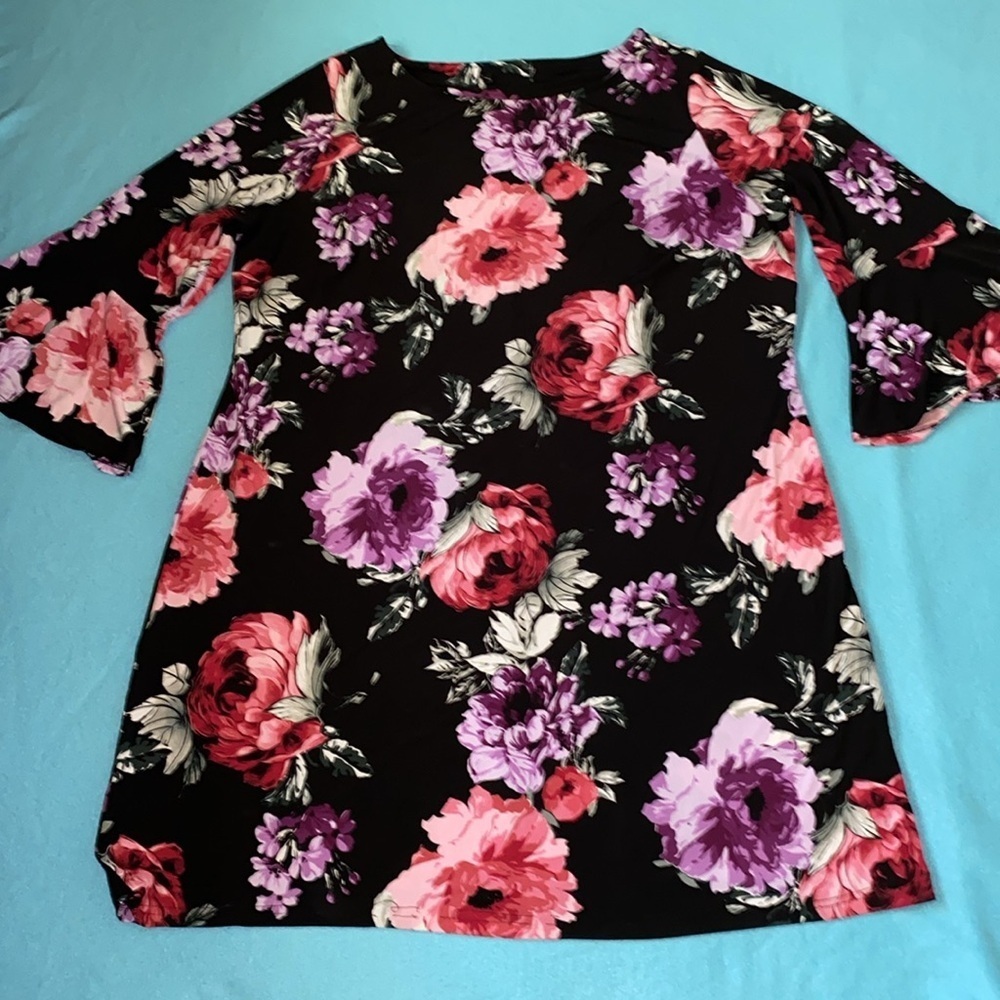 Floral Bell-Sleeve Dress in Black with Pink & Purple Blooms